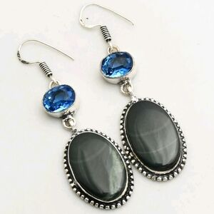 Picasso Jasper, Blue Topaz Gemstone 925 Sterling Silver Handmade Dangle Earrings